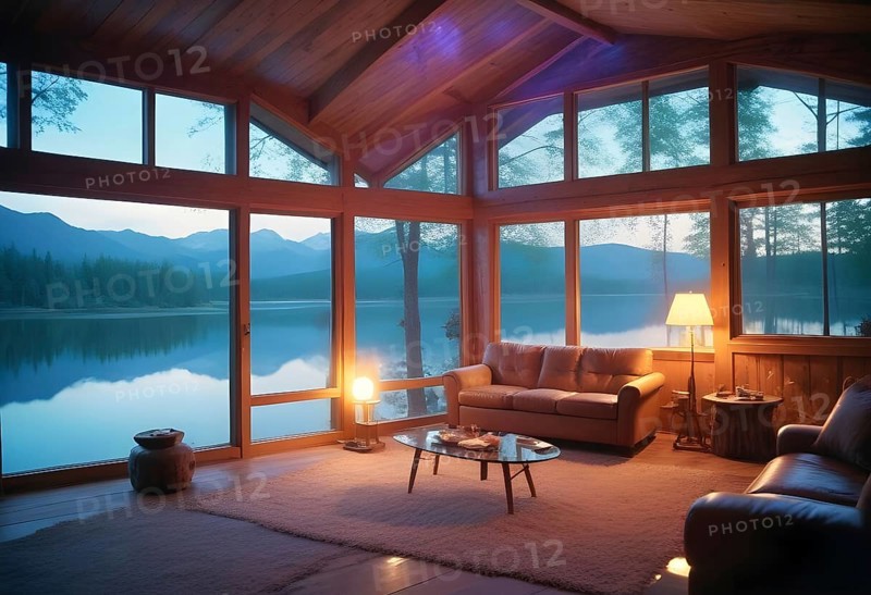 Cozy cabin living room with large windows overlooking a serene lake and mountains, creating a tranquil atmosphere, AI generated