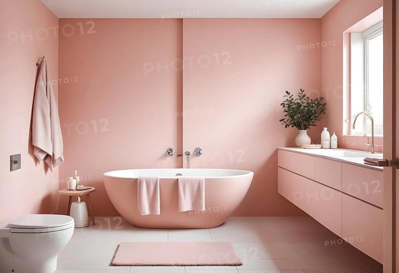 Contemporary bathroom with minimalist pink walls, a freestanding tub, and sleek fixtures, AI generated