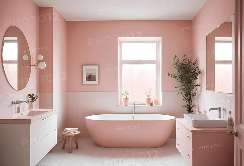 Modern bathroom with pink walls, a freestanding tub, and a soft, calming atmosphere, AI generated