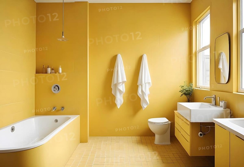 Modern bathroom with bright yellow walls, white fixtures, and minimalistic decor, AI generated
