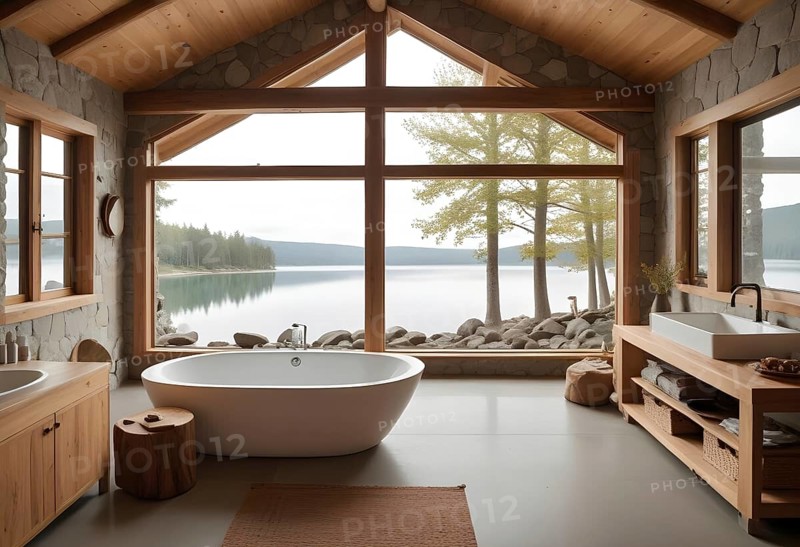 Modern bathroom with a freestanding tub, lake view, and natural materials, AI generated