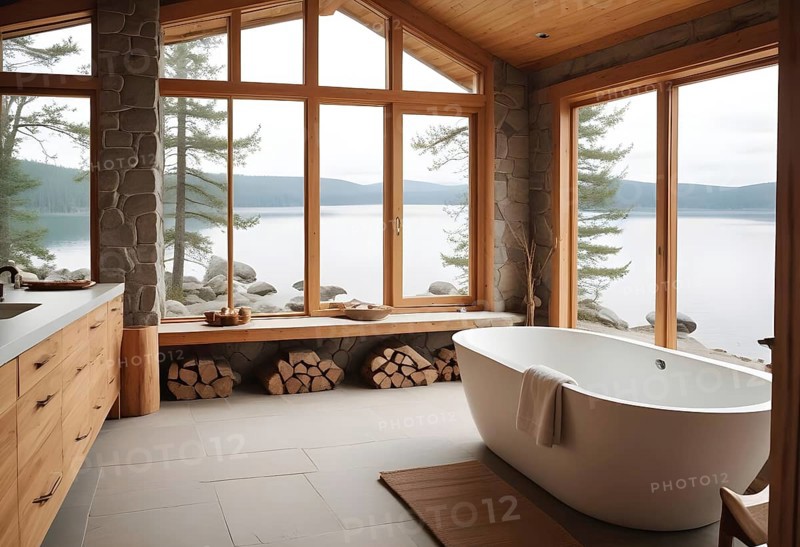 Beautiful bathroom with a large bathtub and expansive windows overlooking a serene lake, accented by wooden interior and stone wall, AI generated