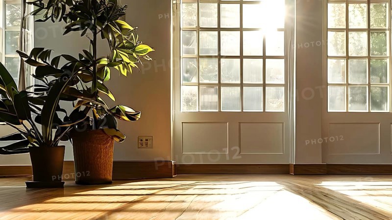 Empty bright and airy yoga studio with hardwood floors and minimalist decor, AI generated