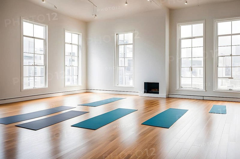 Empty bright and airy yoga studio with hardwood floors and minimalist decor, AI generated