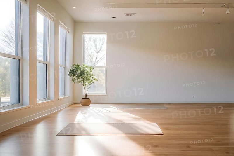 Empty bright and airy yoga studio with hardwood floors and minimalist decor, AI generated