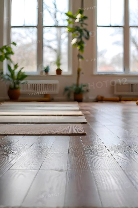 Empty bright and airy yoga studio with hardwood floors and minimalist decor, AI generated