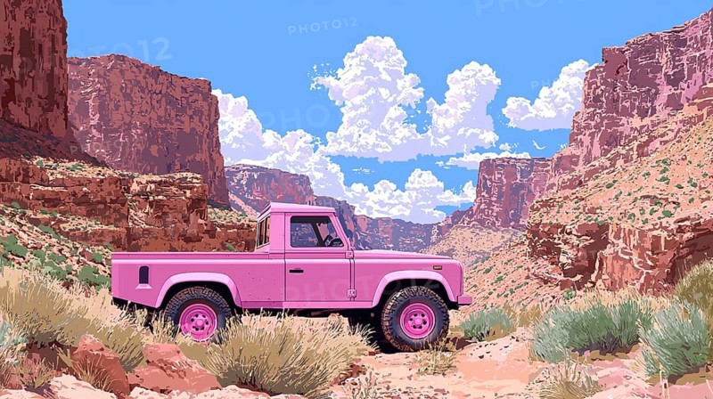 Pink truck parked in a rocky canyon under a bright clear sky, AI generated