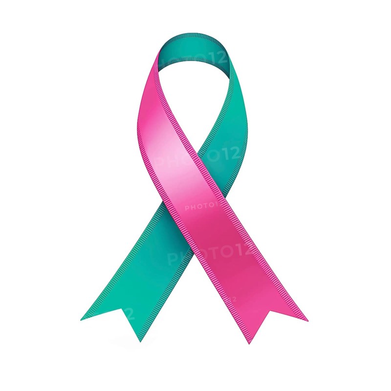 Pink and teal ribbon over a transparent background. Symbol of hereditary and gynecologic cancers awareness. AI generated