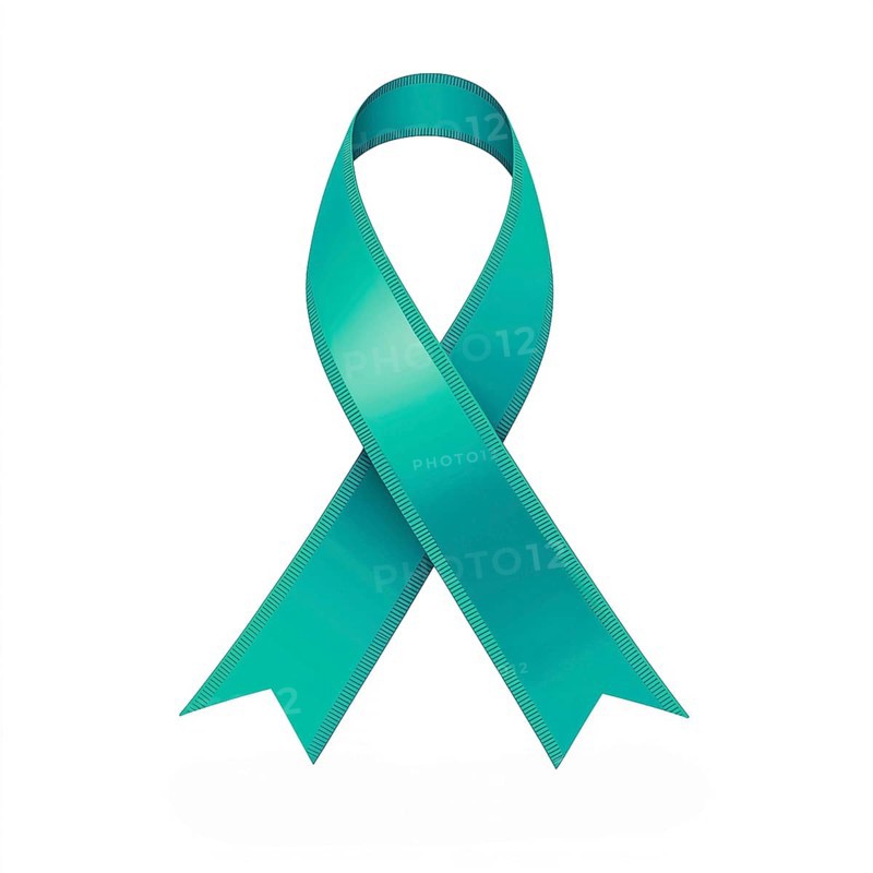 Teal ribbon over a transparent background. Symbol of ovarian cancer, anxiety, and sexual assault awareness. AI generated