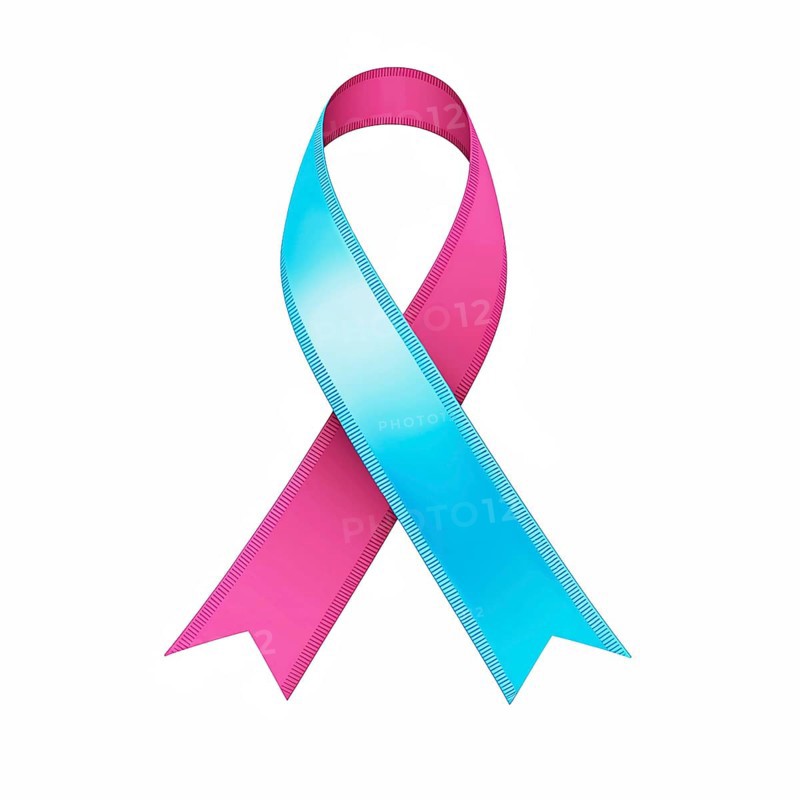 Light blue and pink ribbon over a transparent background. Symbol of male breast cancer awareness, AI generated