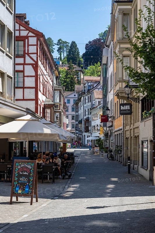 Webergasse, pedestrian zone, shopping alleyway with outdoor catering, monastery quarter, old town of Sankt Gallen, Canton of St. Gallen, Switzerland, Europe
