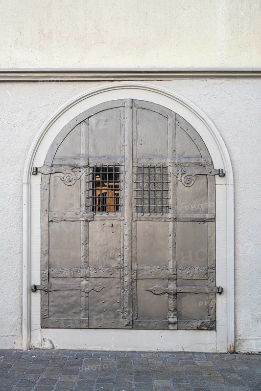 Forged iron door on a historic old town house, monastery quarter, old town of Sankt Gallen, Canton of St. Gallen, Switzerland, Europe