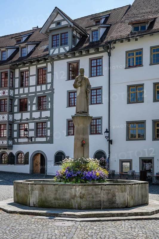 The Gallus Fountain on Gallusplatz, monastery quarter, old town of Sankt Gallen, Canton of St. Gallen, Switzerland, Europe