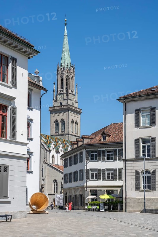 Old town ensemble, historic old town houses with the bell tower of the church of St. Laurenzen, monastery quarter, old town of Sankt Gallen, Canton of St. Gallen, Switzerland, Europe