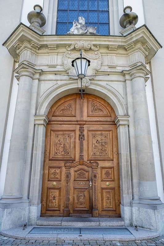 Artfully decorated wooden portal of the collegiate church, St. Gallen Cathedral, UNESCO World Heritage Site, monastery quarter, old town of St. Gallen, Canton of St. Gallen, Switzerland, Europe