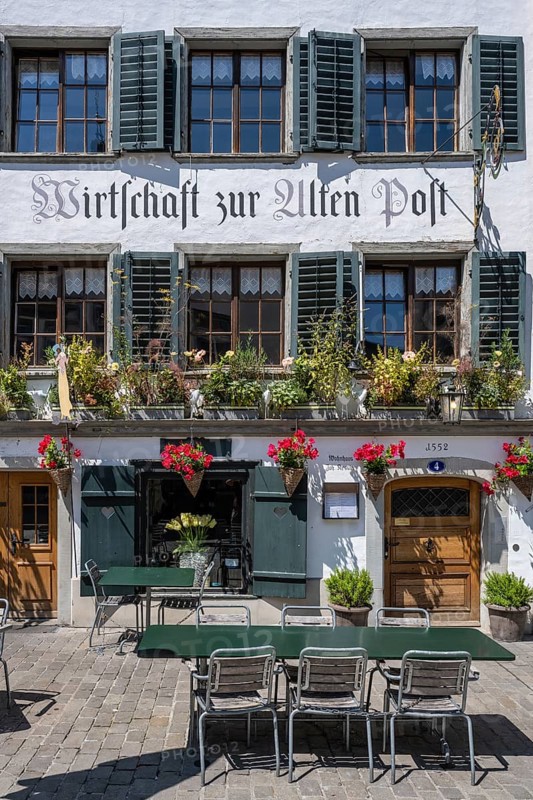 Pub, restaurant, pub zur alten Post with outdoor catering in a historic half-timbered house, Gallusstrasse, monastery quarter, old town of Sankt Gallen, Canton of St. Gallen, Switzerland, Europe