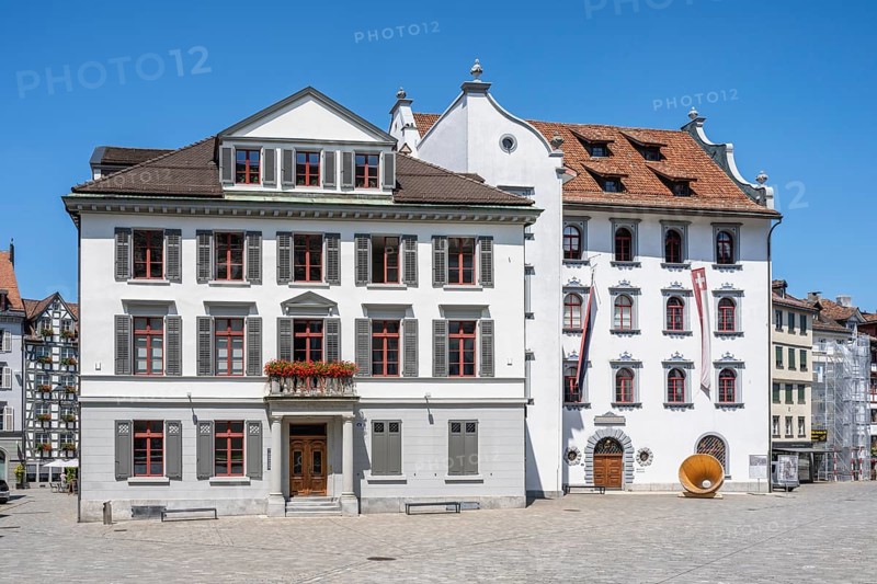Historic townhouses in Gallusstrasse, monastery quarter, old town of Sankt Gallen, Canton of St. Gallen, Switzerland, Europe