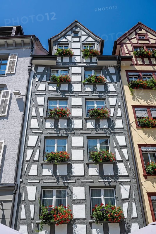 Historic half-timbered buildings in Schmiedgasse, Grüninger Platz, monastery quarter, old town of Sankt Gallen, Canton of St. Gallen, Switzerland, Europe