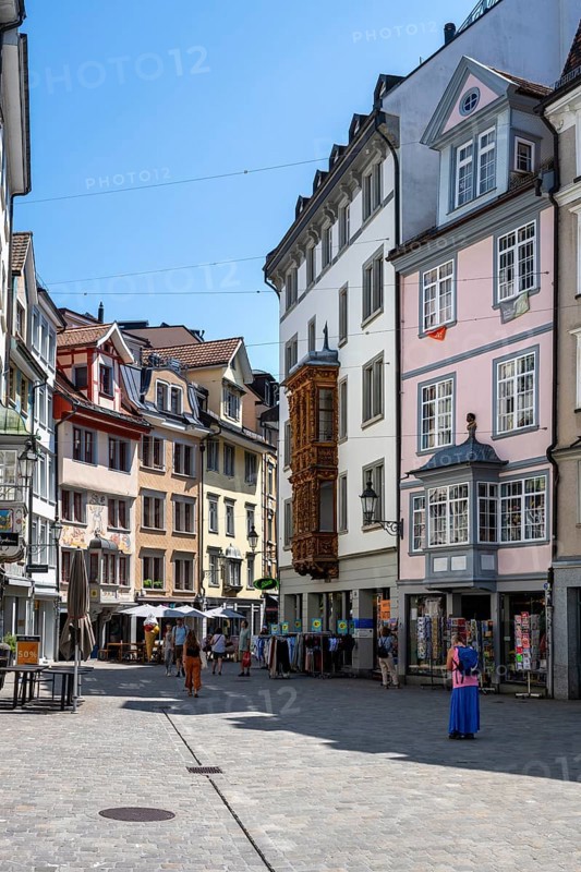 The Spisergasse, pedestrian zone, shopping alleyway with the famous wooden camel oriel in the historic old town of Sankt Gallen, Canton of St. Gallen, Switzerland, Europe