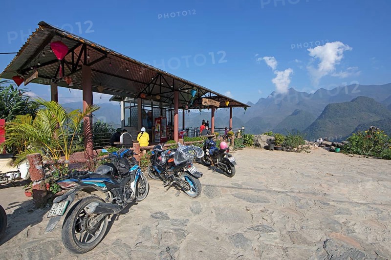 Motorbikes at Lung Ho Viewpoint, Dong Van Karst Plateau UNESCO Global Geopark, Ha Giang Province, Vietnam, Asia