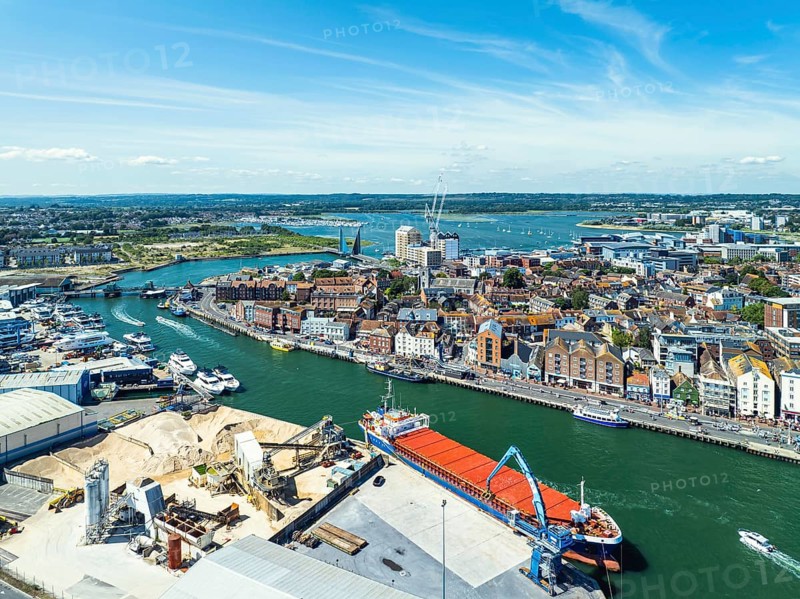 Harbour and Marina over Poole Quay from a drone, Poole, Dorset, England, United Kingdom, Europe