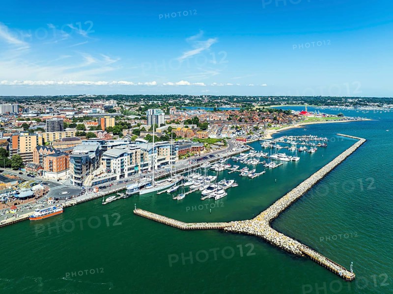 Harbour and Marina over Poole Quay from a drone, Poole, Dorset, England, United Kingdom, Europe