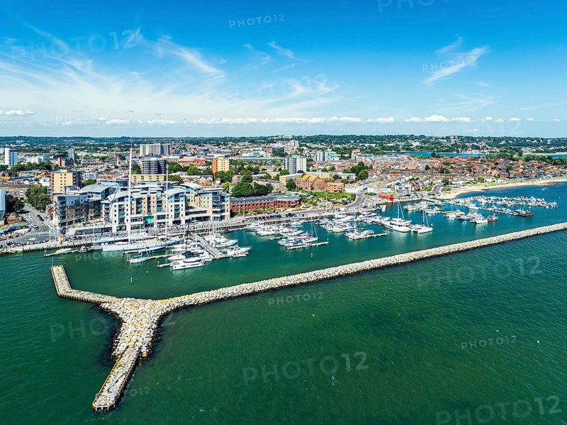 Harbour and Marina over Poole Quay from a drone, Poole, Dorset, England, United Kingdom, Europe