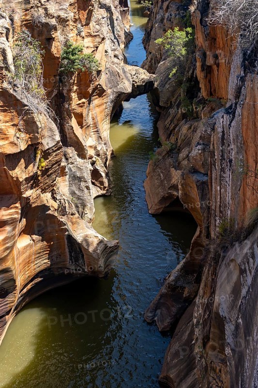 Eroded rock formations, canyon with steep orange-coloured rock cliffs with the Blyde River, Bourke's Luck Potholes, Panorama Route, Mpumalanga, South Africa, Africa