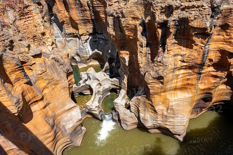 Eroded rock formations, canyon with steep orange-coloured rock cliffs with the Blyde River, Bourke's Luck Potholes, Panorama Route, Mpumalanga, South Africa, Africa