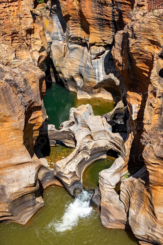 Eroded rock formations, canyon with steep orange-coloured rock cliffs with the Blyde River, Bourke's Luck Potholes, Panorama Route, Mpumalanga, South Africa, Africa