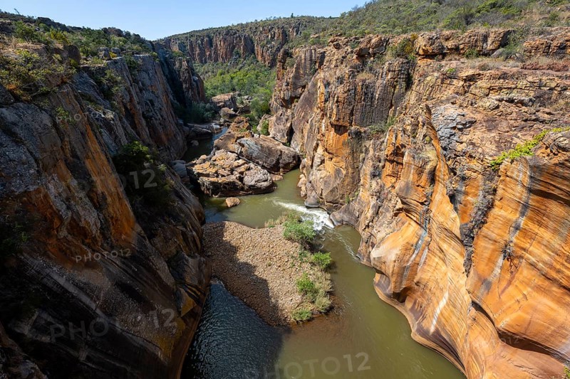 Canyon with steep orange-coloured cliffs with the Blyde River, Bourke's Luck Potholes, Panorama Route, Mpumalanga, South Africa, Africa