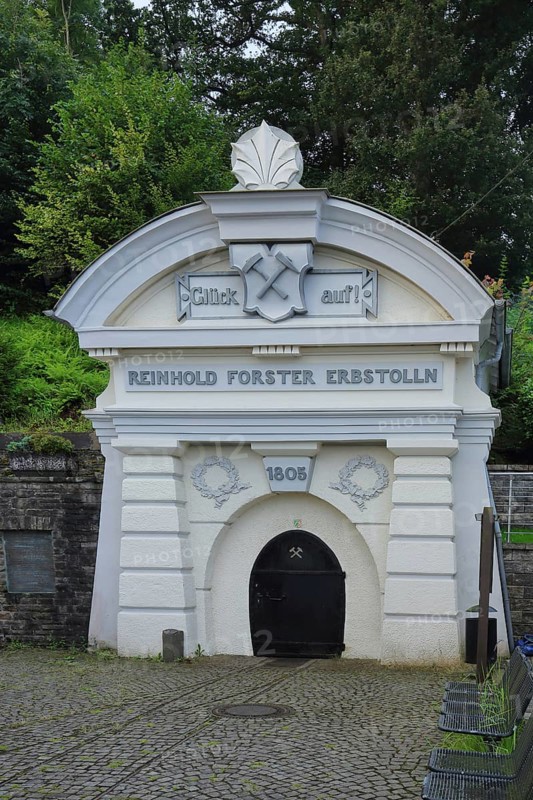 Mouth hole with decorations, year and goods lorry from the Reinhold Forster Erbstollen visitor mine built in 1859, portal, decorations, inscription, luck, on, year, 1805, symbol, mallet and iron, entrance, iron mine, mine, Erbstolln, mining, Eiserfeld, Siegen, Siegerland, North Rhine-Westphalia, Germany, Europe