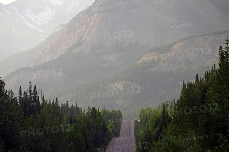 Mountain road through a misty forest with surrounding mountains in the background, Icefields Parkway, Jasper National Park, British Columbia, Canada, North America