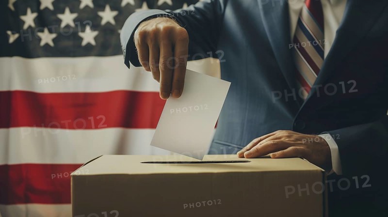 Man's hand in an elegant suit is putting a voting card into a voting box over the United States flag, AI generated