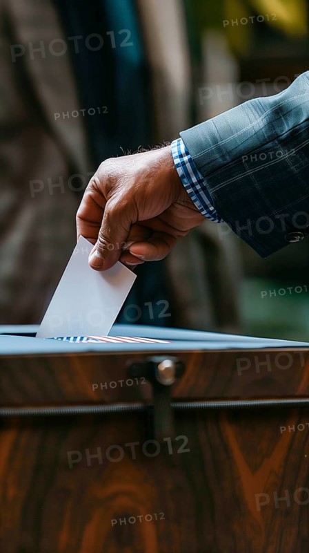 Man's hand in an elegant suit is putting a voting card into a voting box over the United States flag. Vertical shot, AI generated