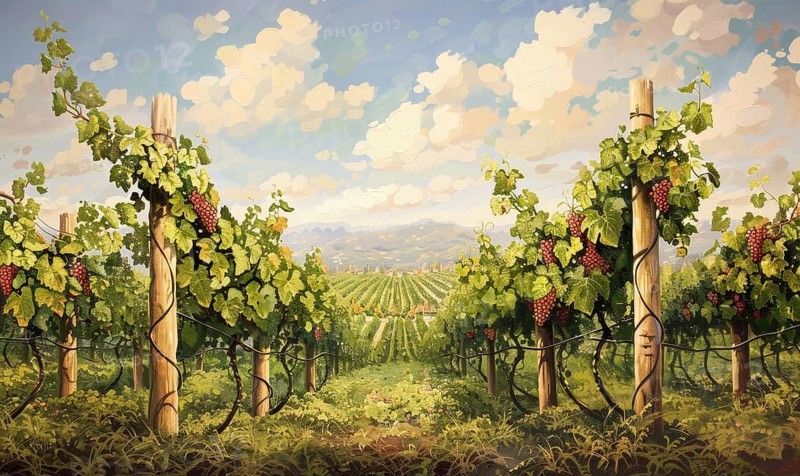 Vineyard with grapevines climbing trellises AI generated