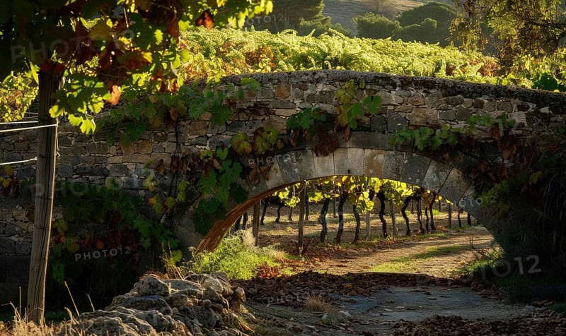 Vineyard with grapevines and an old stone bridge AI generated