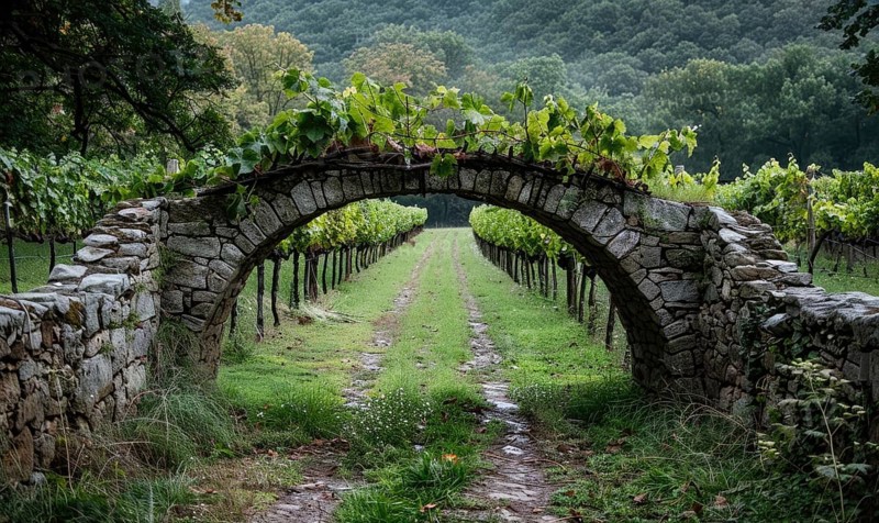 Vineyard with grapevines and an old stone bridge AI generated