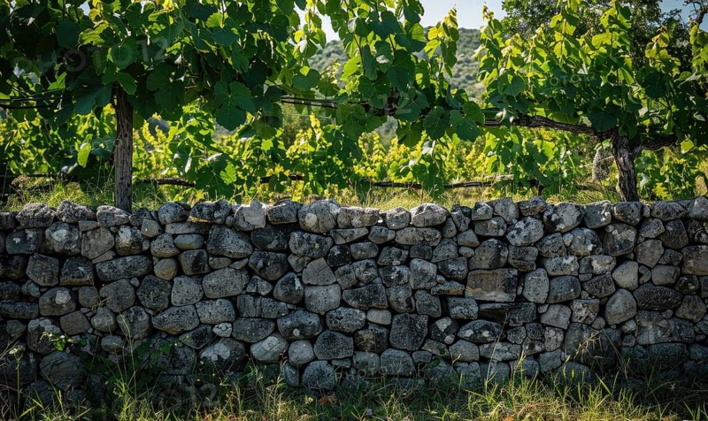Vineyard with a stone wall and grapevines AI generated