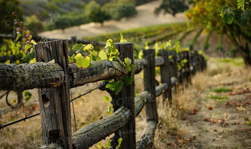 Vineyard with a rustic wooden fence and grapevines AI generated