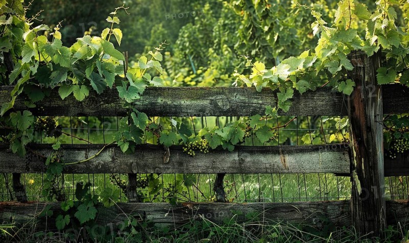 Vineyard with a rustic wooden fence and grapevines AI generated