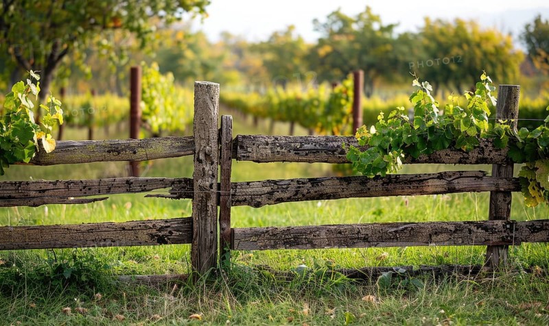 Vineyard with a rustic wooden fence and grapevines AI generated