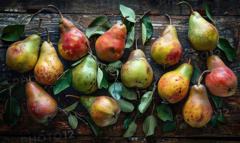 Top view of assorted pears on a rustic wooden table AI generated