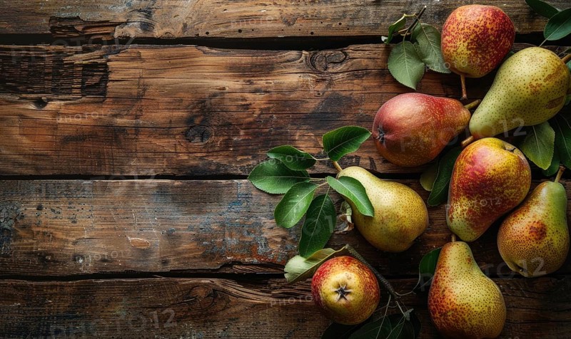 Top view of assorted pears on a rustic wooden table AI generated