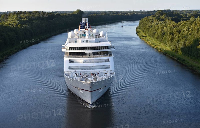 Cruise ship Europa 2 sailing in the evening light in the Kiel Canal, Kiel Canal, Schleswig-Holstein, Germany, Europe