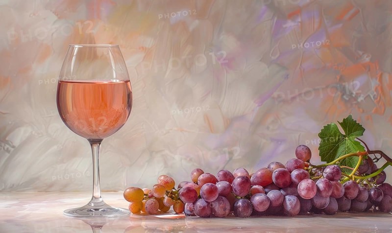 Grapes on a light pastel background with a glass of rose wine AI generated