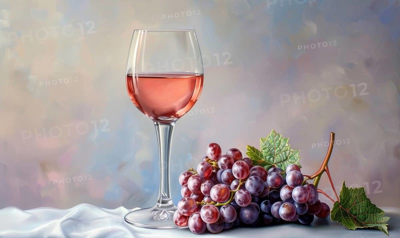 Grapes on a light pastel background with a glass of rose wine AI generated