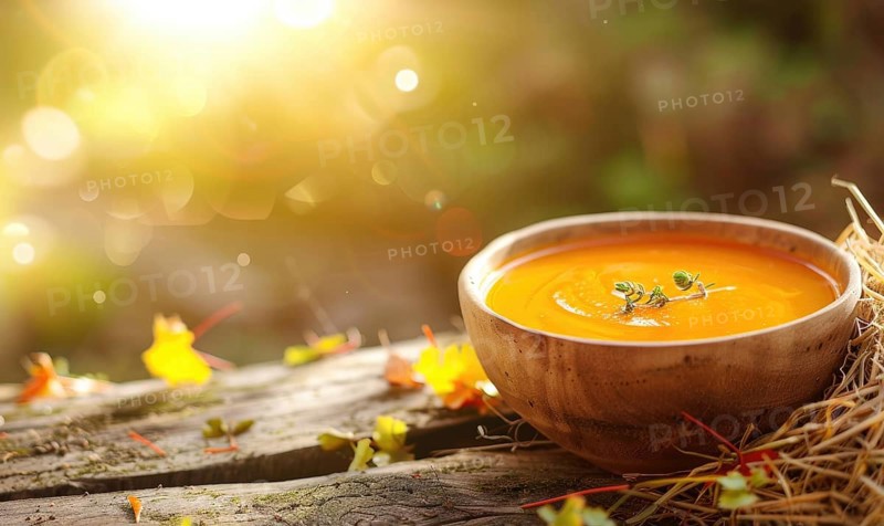 Carrot soup in a rustic bowl on a wooden table AI generated