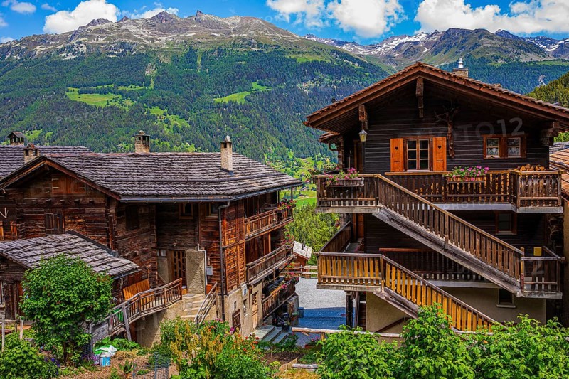 Old wooden houses with external staircases and balconies, historic village centre, Grimentz, Val d'Anniviers, Valais Alps, Canton Valais, Switzerland, Europe