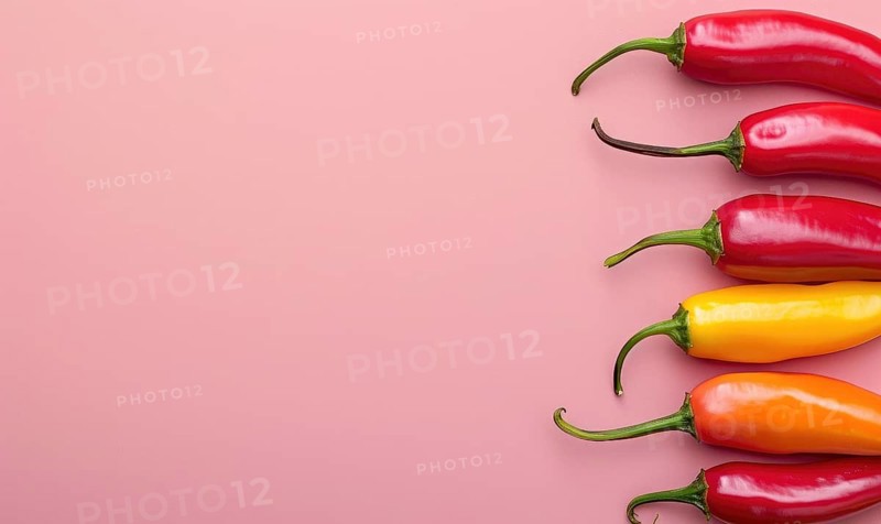 Top view of colorful peppers on a pink background AI generated